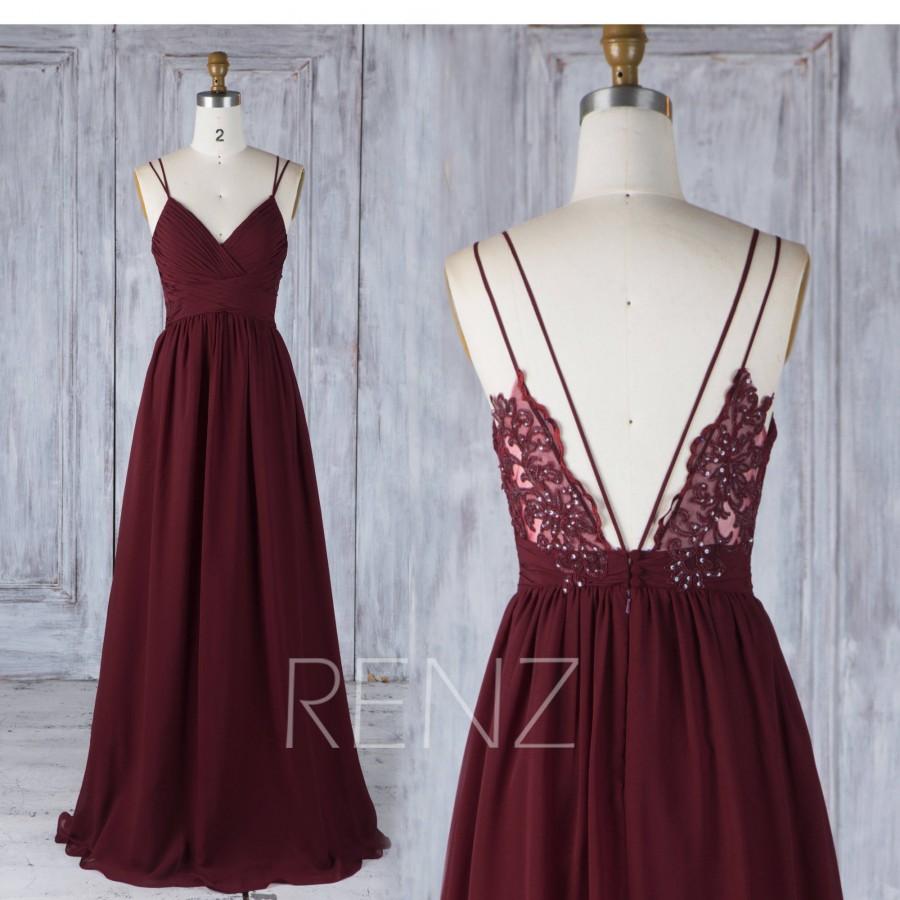 زفاف - Bridesmaid Dress Wine Chiffon Wedding Dress,Spaghetti Straps Prom Dress,Illusion Lace V Neck Maxi Dress,Ruched Long Evening Dress(H549)