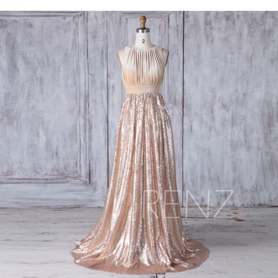 زفاف - Tan Sequin Bridesmaid Dress Long, Jewel Neck Wedding Dress, Ruched Bodice Velvet Prom Dress, Luxury MOB Dress Floor Length (HV421)