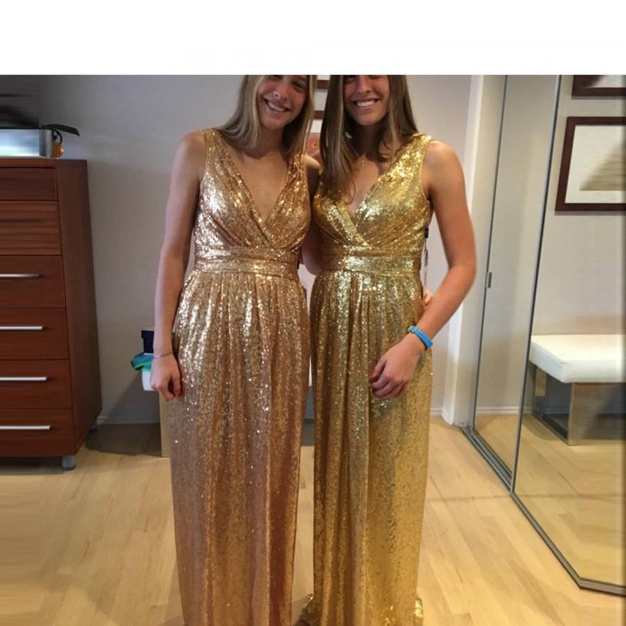 Mariage - Gold Bridesmaid Dress Sequin,Long Gold Wedding Dress,Metallic Sparkle Evening Dress,V neck Back Prom Dress,Luxury Evening Dress Full Length