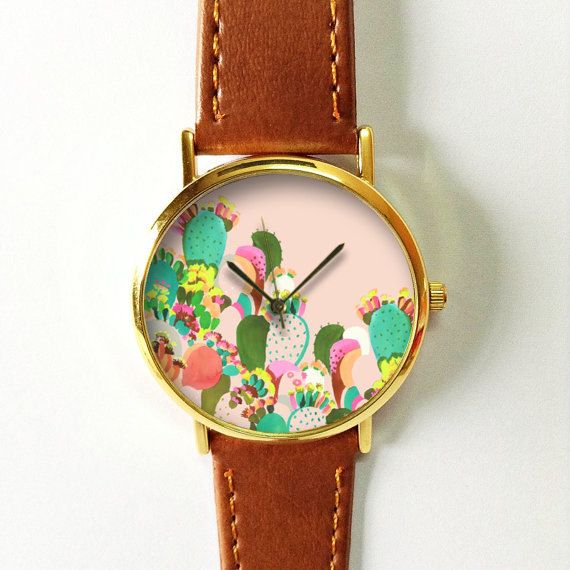 Hochzeit - Succulent Cactus Plant Collection Watch 5, Vintage Style Leather Watch, Women Watches, Boyfriend Watch, Men's Watch, Pink Green