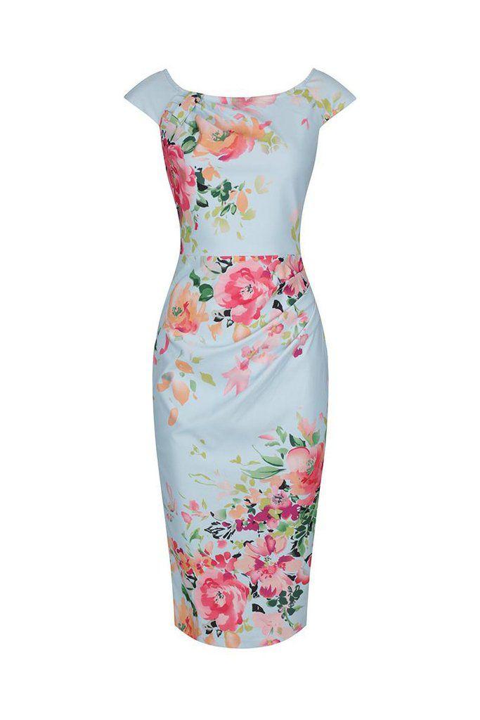 Mariage - Sky Blue Floral Print Capped Sleeve Wiggle Pencil Dress