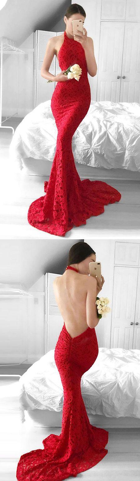 زفاف - Glamorous Mermaid Red Lace Halter Backless Sweep Train Prom Dress