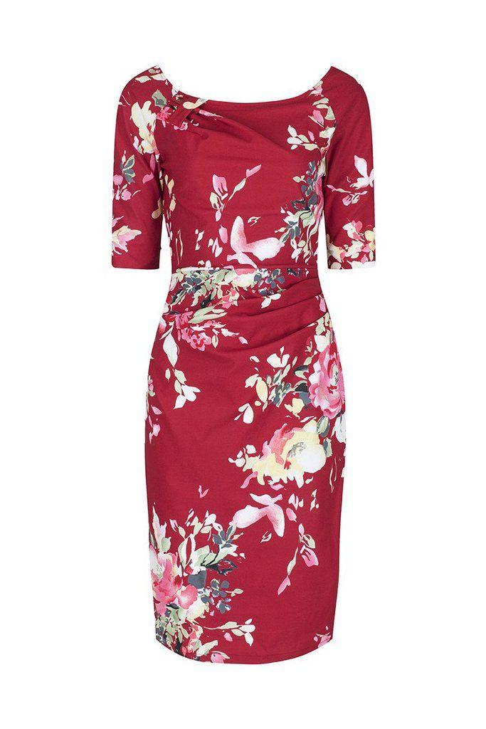 Wedding - Red Floral 1/2 Sleeve Floral Wiggle Pencil Dress