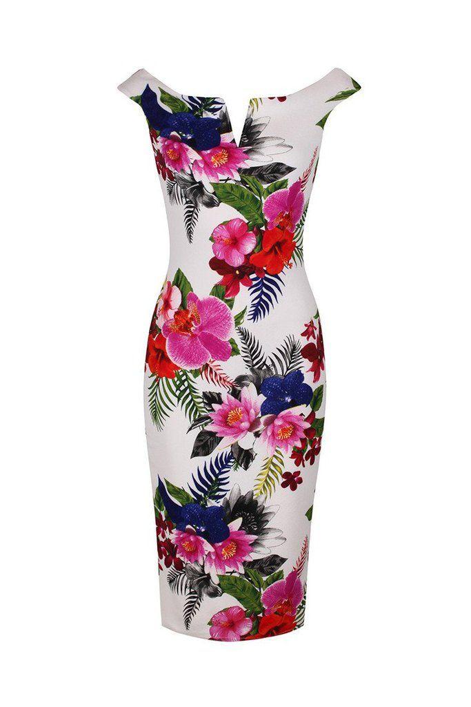 زفاف - Ivory White And Multi Colour Floral Print Bardot Bodycon Pencil Dress