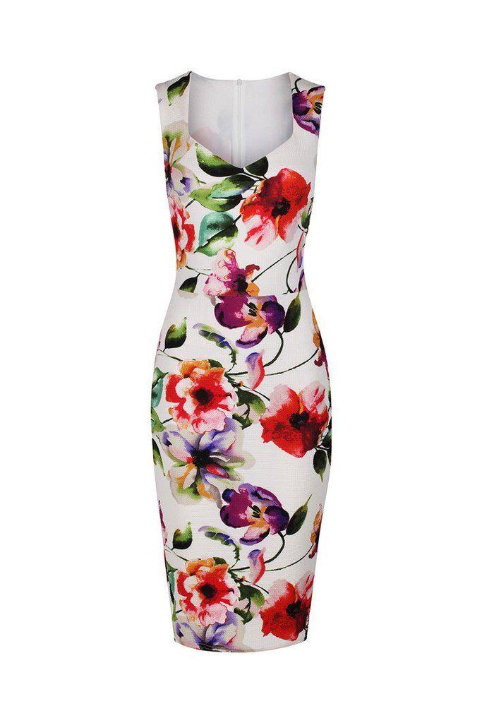 زفاف - Ivory White And Multi Colour Floral Print Bodycon Pencil Dress