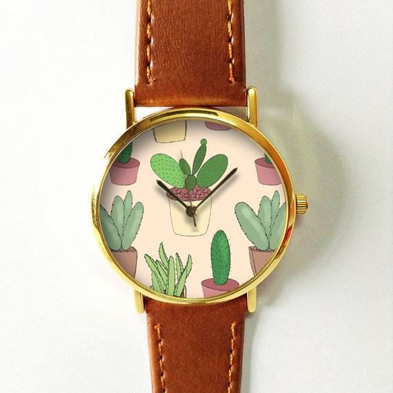 Wedding - Cactus Plant Watch , Cactus Jewelry , Vintage Style Leather Watch, Women Watches, Succulents , Men's Watch, Cactus Print, Watches, Gift