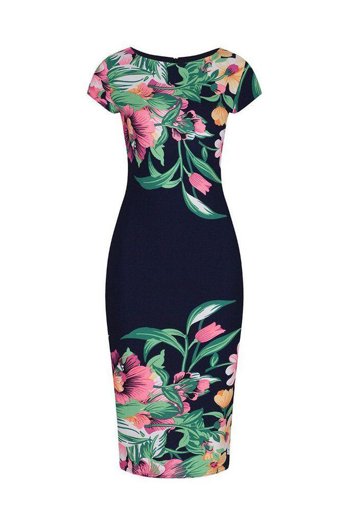 Mariage - Navy Blue Floral Bodycon 40s Wiggle Dress