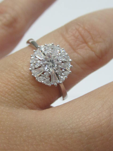Hochzeit - Round and Baguette Engagement Cocktail Ring, CZ Wedding Baguette Engagement Ring, Floral Style Engagement Ring, Baguette CZ Wedding Ring