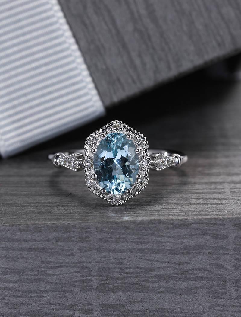 Свадьба - Aquamarine engagement ring white gold Alternative Vintage engagement ring Art deco Oval cut Unique Diamond Antique Flower Stacking Milgrain