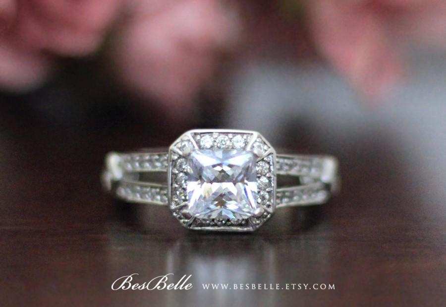 زفاف - 1.52 ct.tw Halo Double Band Antique Engagement Ring-Cushion Cut Diamond Simulant-Bridal Ring-Anniversary Ring-Solid Sterling Silver [3716-1]