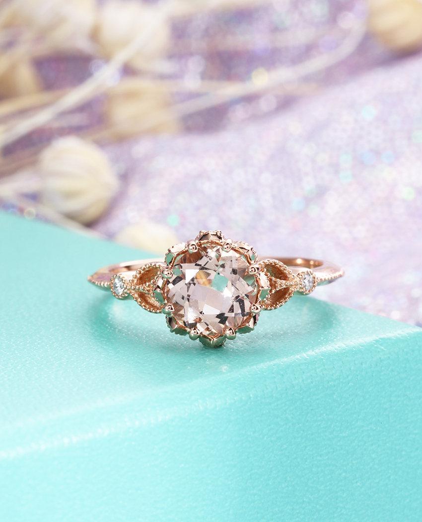 زفاف - Morganite engagement ring Rose gold engagement ring Vintage Art deco Antique Diamond Wedding ring Women Bridal Set Jewelry Anniversary Gift