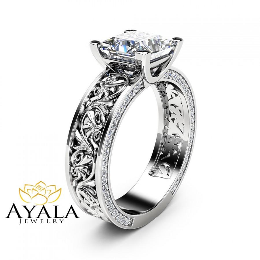 Hochzeit - Princess Cut Moissanite Engagement Ring Diamonds Moissanite  Filigree Ring 14K White Gold Engagement Ring