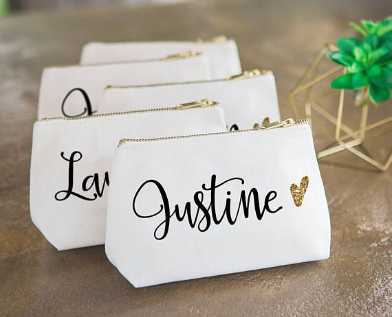 Hochzeit - Personalized Makeup Bag Gift For Bridesmaids, Canvas Pouch W/Name & Glitter Heart Wedding Bridal Party Gift Cosmetic Bag ( Item - CMG350)