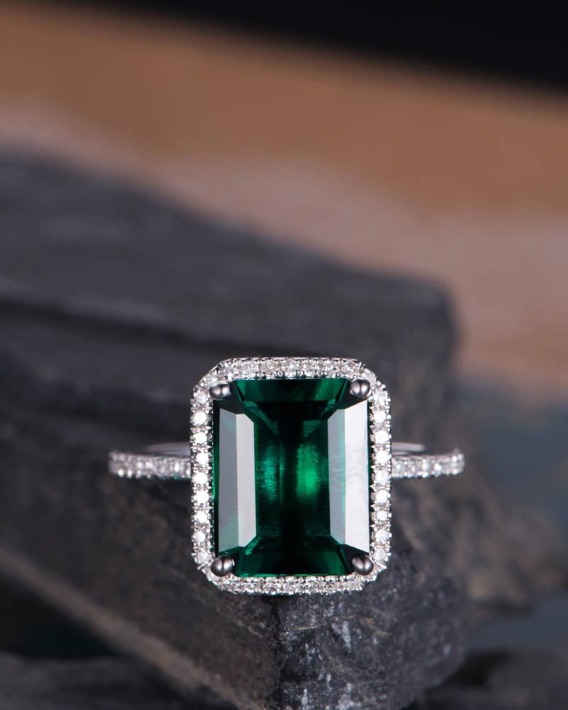زفاف - Lab Emerald Engagement Ring White Gold Emerald Cut Halo Diamond Wedding Ring Anniversary Bridal Birthstone Ring Half Eternity  Women 8*10mm