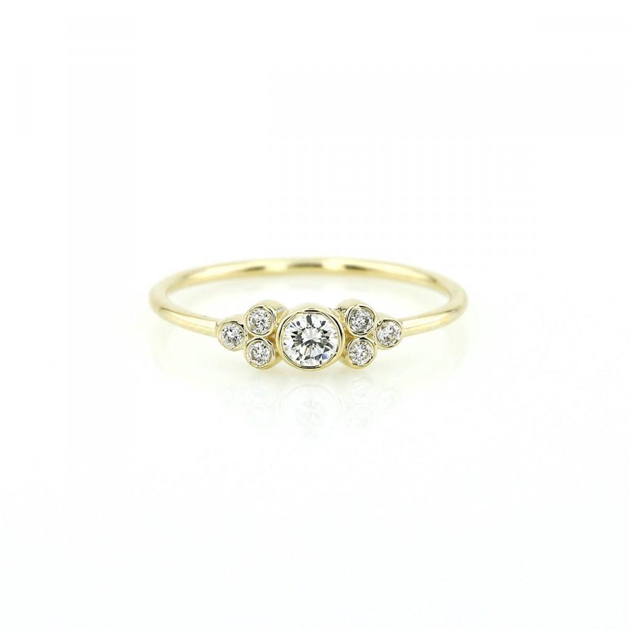 زفاف - 14K Gold Engagement Ring / 14K Gold Round Cut Bezel Set Diamond Engagement Ring/ Handmade Thin Gold Band Three Diamond Ring/