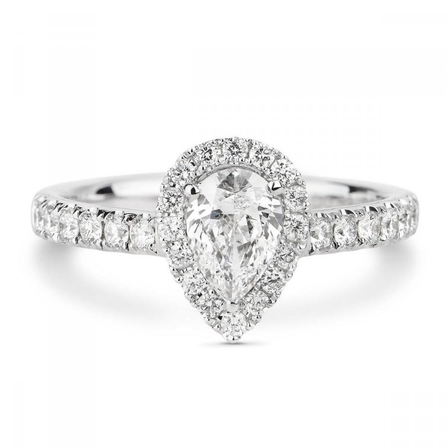 زفاف - Pear Shaped Pave Diamond Halo 18K White Gold Engagement Ring Set, Natural Teardrop Diamond Ring/ Handcrafted Custom Jewelry Gift for Her