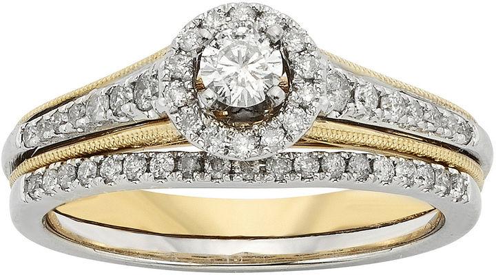 Hochzeit - MODERN BRIDE 1/2 CT. T.W. Diamond 10K Two-Tone Gold Milgrain Bridal Ring Set