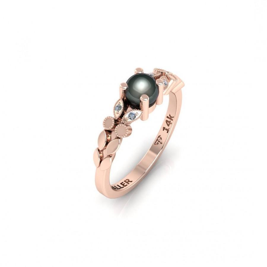 Wedding - black Pearl Engagement Ring, Pearl Wedding Ring, Rose Gold Engagement Ring, Pearl Engagement Ring, Unique Engagement Ring, Rose Gold band
