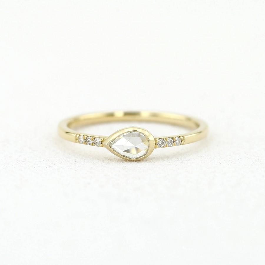 Wedding - Rose cut Diamond Ring / 14k Gold Pear Shape Rose cut Diamond Engagement Ring / Minimal and Delicate Engagement Ring