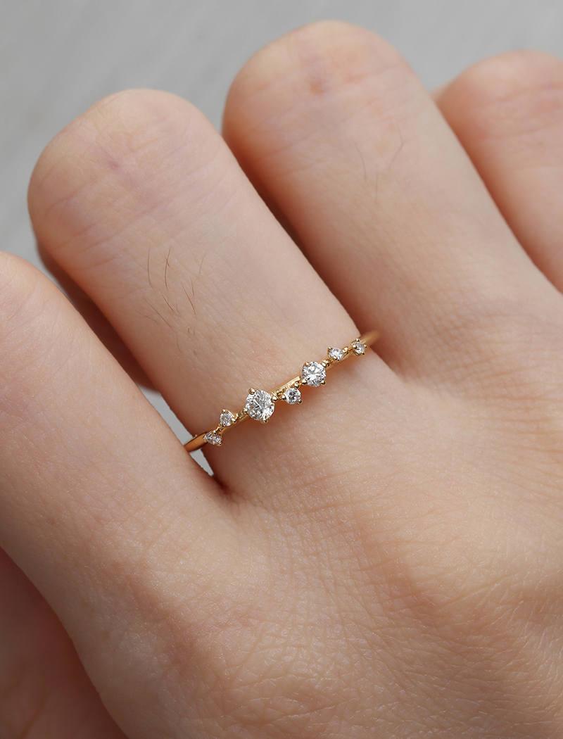 زفاف - Diamond Cluster Ring Twig Engagement Ring Floral Unique Wedding Band Snowflake Yellow Gold Dainty Flower Mini Tiny Anniversary Promise gift