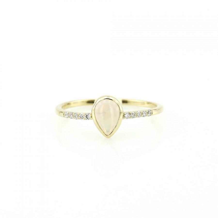 زفاف - Opal Ring / 14k Gold Pear Shape Opal Engagement Ring with White Diamonds set in Micro Pave / White Opal Ring/ October Brithstone