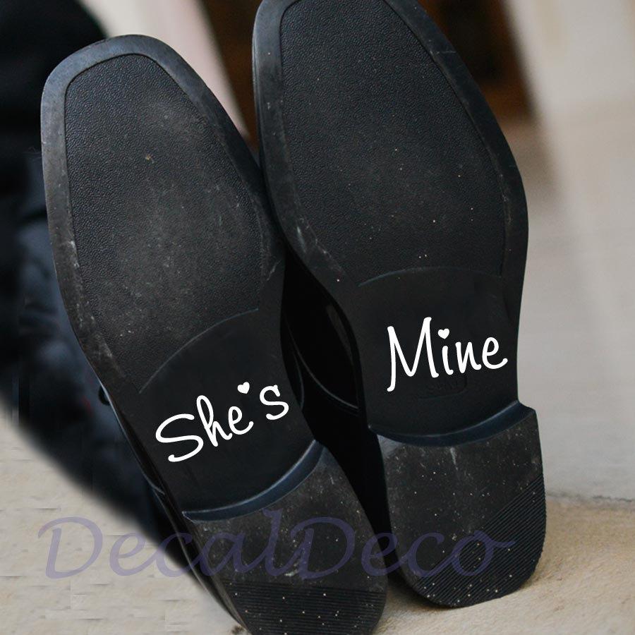 Wedding - She's Mine Wedding Shoe Vinyl Deco Decal Sticker for Bridal Groom Wedding Shoe Wedding Shoe Sticker Personalized Wedding Something Blue