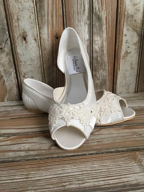 زفاف - Bridal Lace Satin Flats Open Toe Beaded Lace Flats Peep Toe Wedding Shoe Pearls Crystals