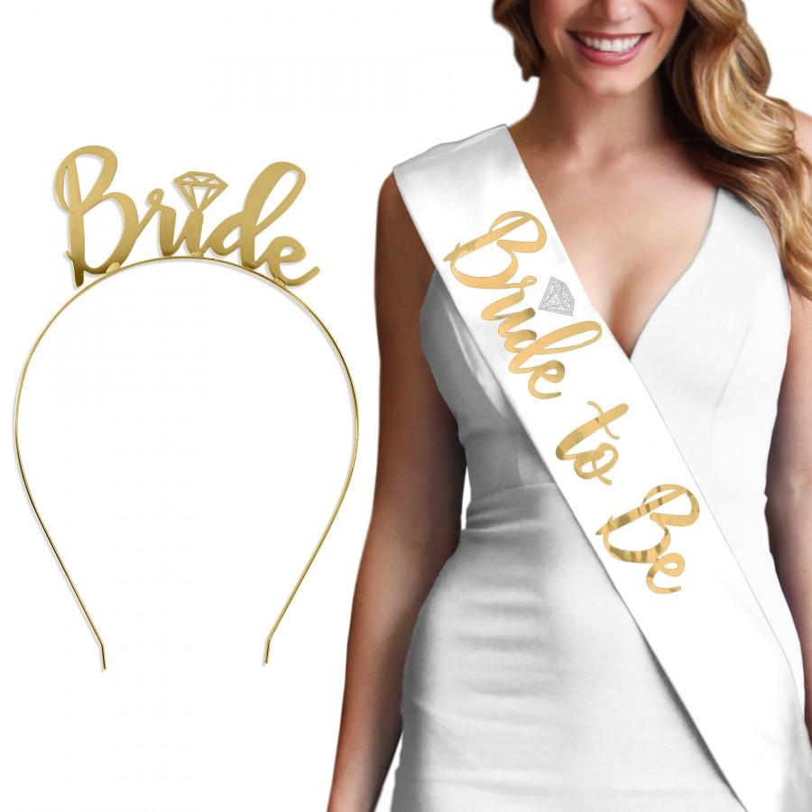 Wedding - Gold Bride Set - Luxury Satin sash & Metallic Gold Bride Headband,  Bride Gift, Bridal Shower Gift, Bachelorette Party Sash, diamond tiara