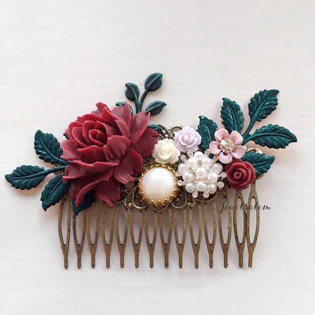 زفاف - Maroon Wedding Hair Comb, Burgundy, Wine Red Bridal Headpiece, Lilac Pink Floral Hair Slide, Pearl, Rhinestone, Dark Green Leaf, Hair Clip