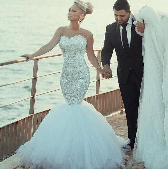 Mariage - Gorgeous Lace Wedding Dresses Shinny Beaded Crystal Mermaid Bridal Gowns Sweetheart Detachable Train Wedding Party Dress From Ivowedding