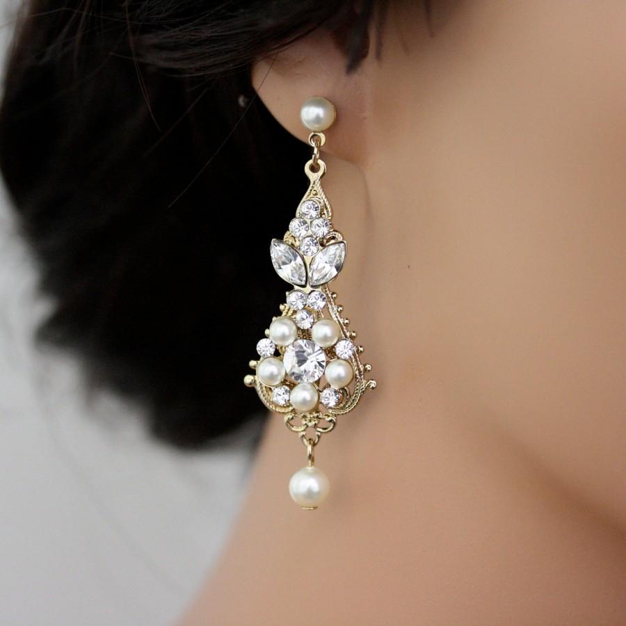 زفاف - Gold Wedding Earrings Chandelier Earrings Vintage Bridal Earrings Ivory White  Pearl crystal Wedding Jewelry, PARIS