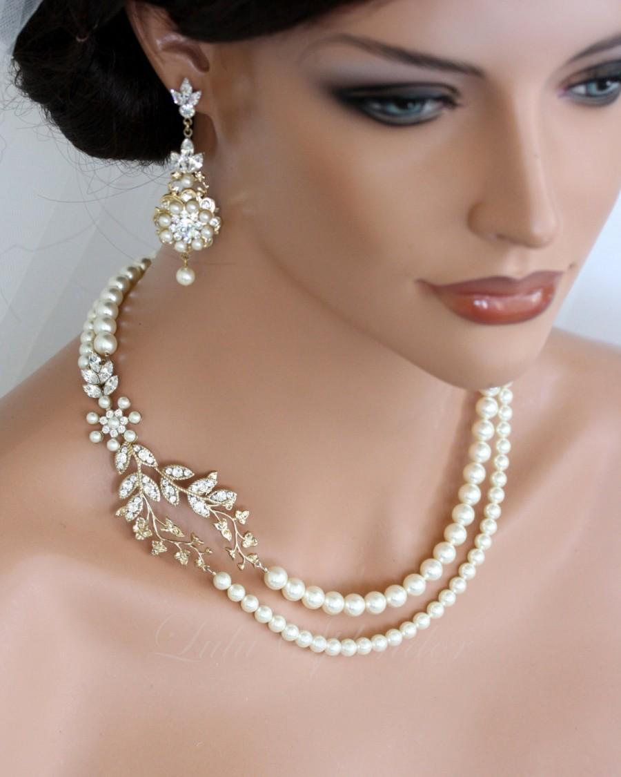 زفاف - Wedding Pearl Necklace Vine Leaf Gold Bridal Necklace Swarovski Ivory White Pearl Art Deco Wedding Jewelry NEVE