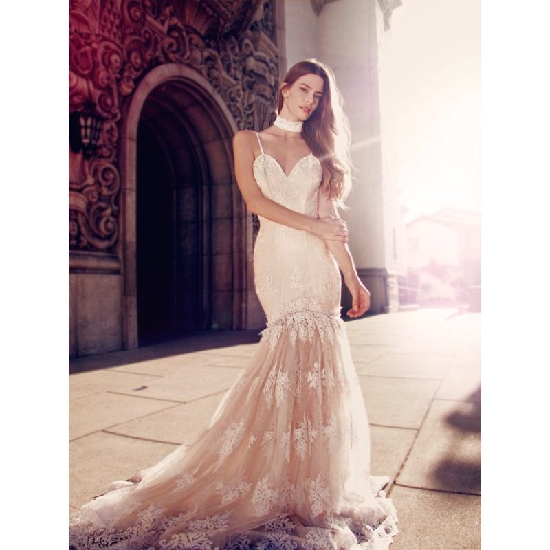 Mariage - Open Back Trumpet Spaghetti Straps Lace Sleeveless Chapel Train Spring Appliques Champagne Outdoor Zipper Up Wedding Dress - overpinks.com