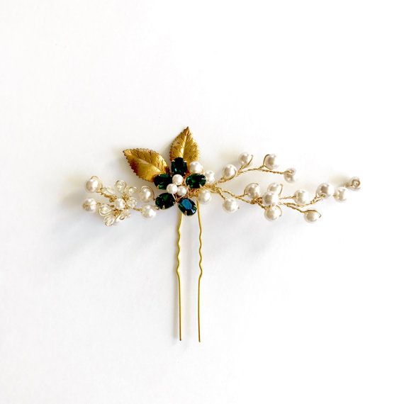 زفاف - Maya - Emerald And Pearls Bridal Hair Pin, Pearl Hair Pin, Golden Hair Pin