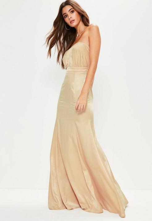 Mariage - Nude Crepe Ruched Bandeau Maxi Dress