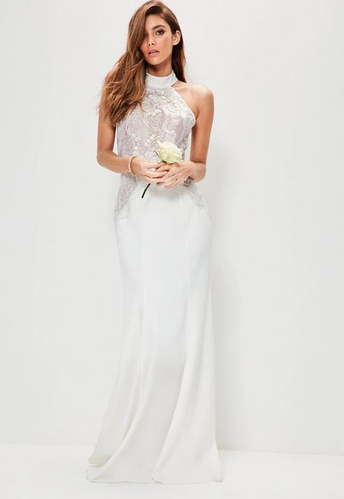 Mariage - Bridal White High Neck Lace Detail Maxi Dress