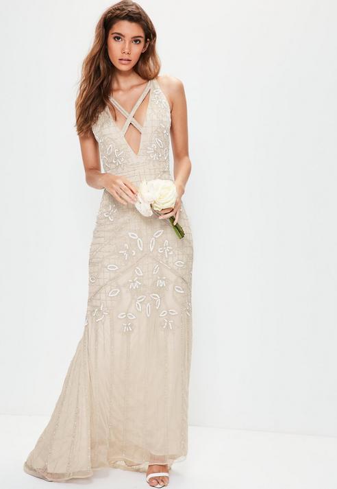 Hochzeit - Bridal Nude Strappy Front Embellished Maxi Dress