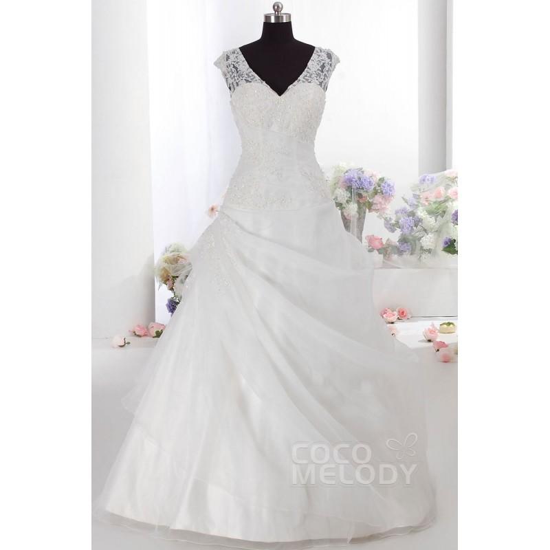 Wedding - Hot Sale A-Line V-Neck  Floor Length Organza Ivory Sleeveless Zipper With Buttons Wedding Dress with Appliques LD2357 - Top Designer Wedding Online-Shop