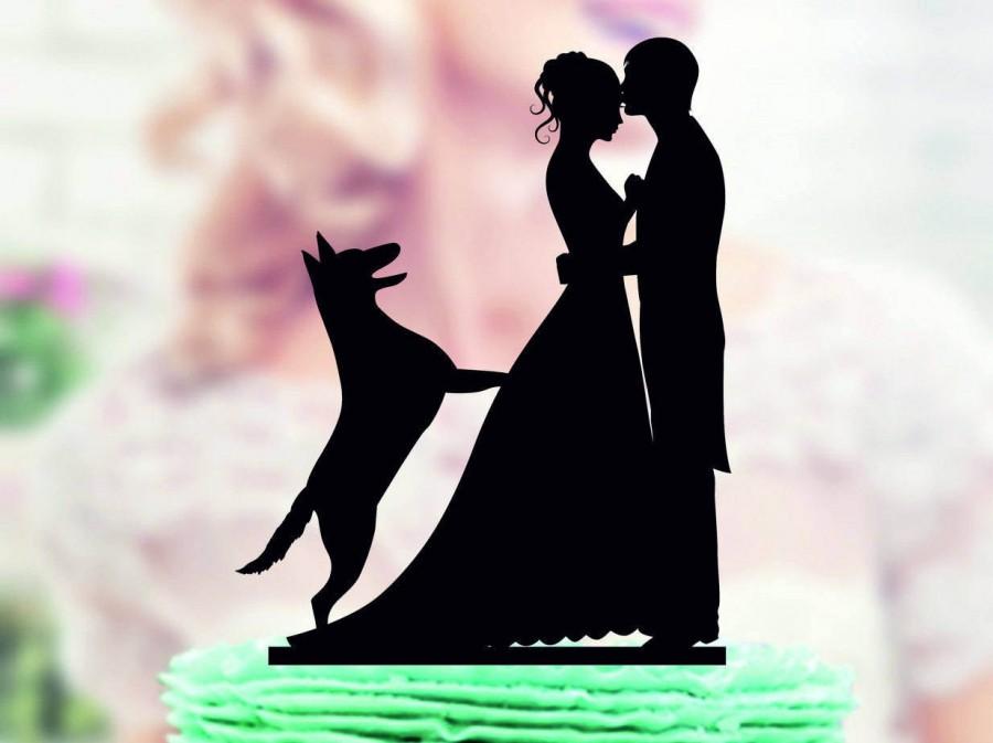 Hochzeit - Wedding cake topper with dog , wedding cake topper , cake topper silhouette wedding pair, dogs cake topper , Couple with Dog Cake Topper