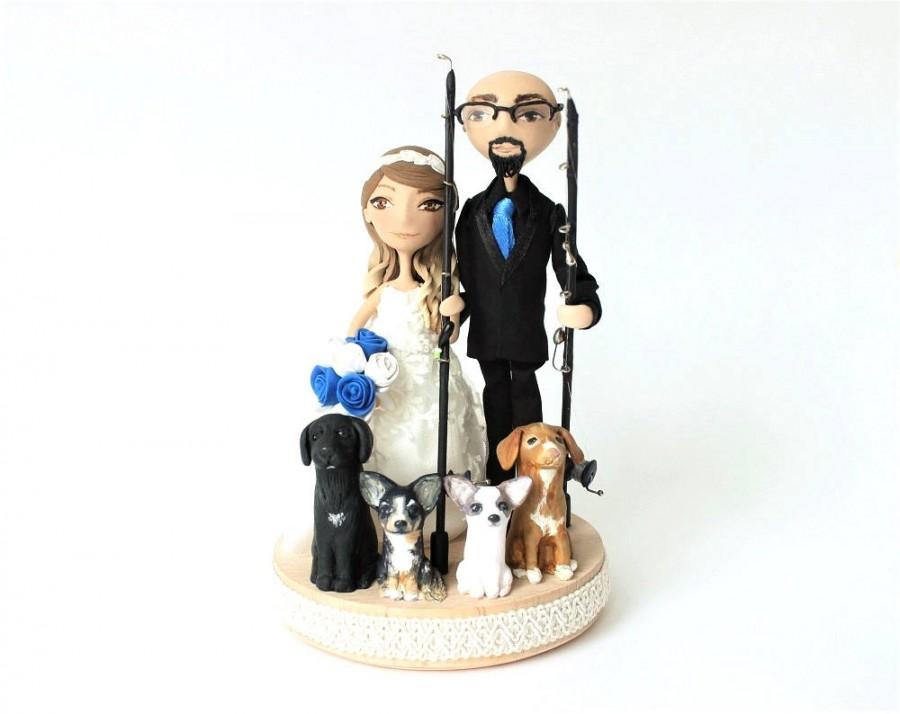 زفاف - Fishing Wedding Cake Topper Personalized Bride and Groom fisherman's dog pets Wedding Cake Topper unique custom cake topper