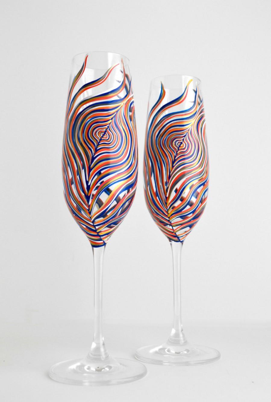 Свадьба - Navy, Gray and Coral Peacock Feather Champagne Flutes - Set of 2 Personalized Peacock Toasting Flutes - Hand Painted Wedding Flutes
