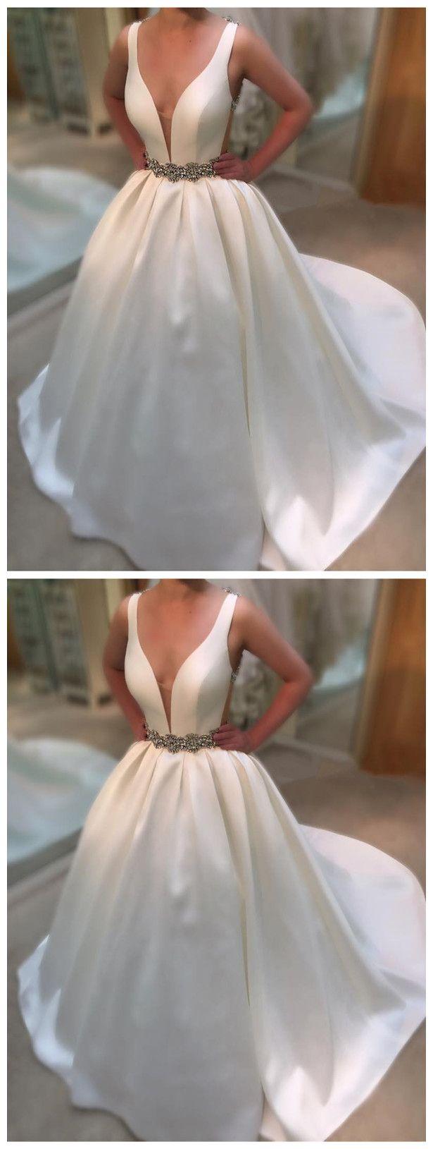 Свадьба - Wedding Dresses, Wedding Gown,Deep V Neck White Satin Ball Gowns Wedding Dresses Vintage Bridal Gowns From Mfprom