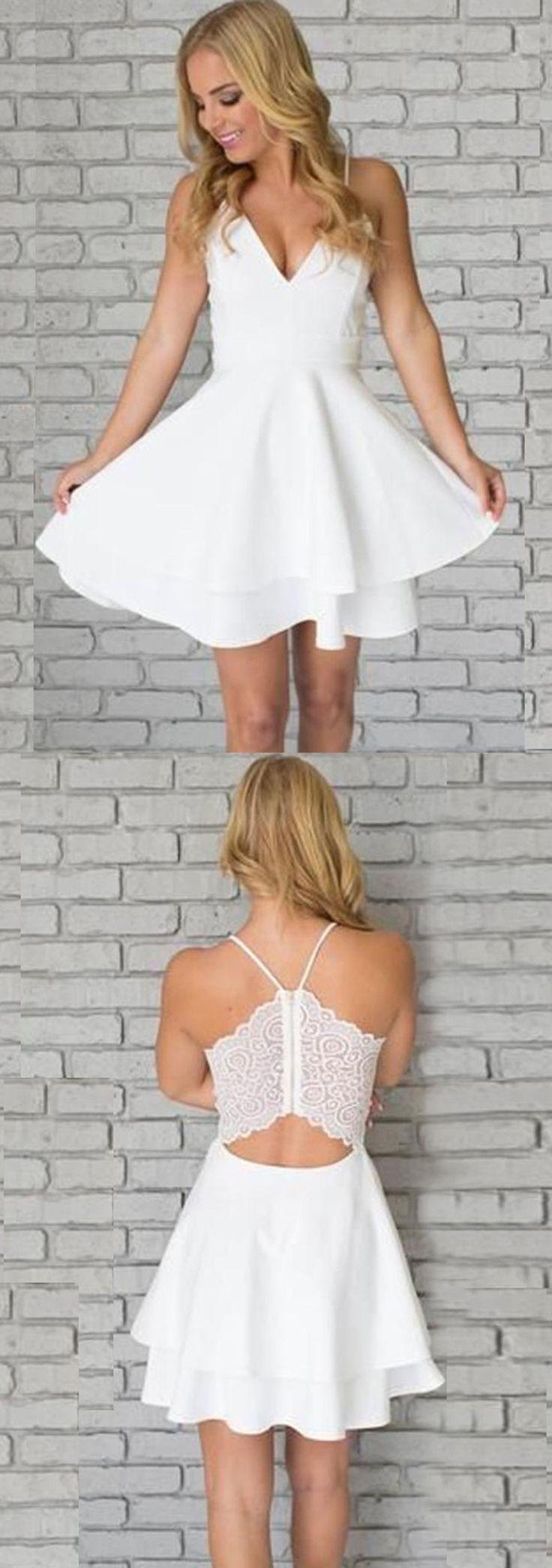 Свадьба - A-Line Spaghetti Straps Short White Satin Homecoming Dress With Lace