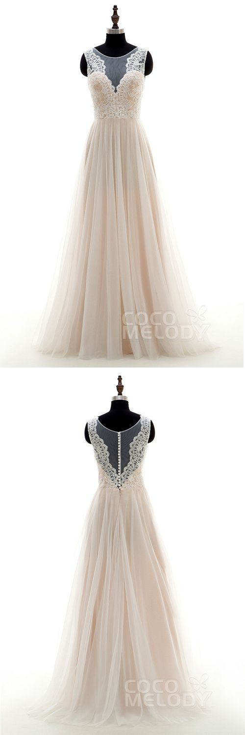 زفاف - Pretty A-Line Illusion Natural Sweep-Brush Train Tulle And Lace Ivory/Champagne Sleeveless Zipper With Buttons Wedding Dress With Appliques LD3569