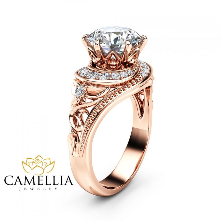 زفاف - Moissanite Halo Engagement Ring 14K Rose Gold Filigree Ring 2 Carat Moissanite Engagement Ring