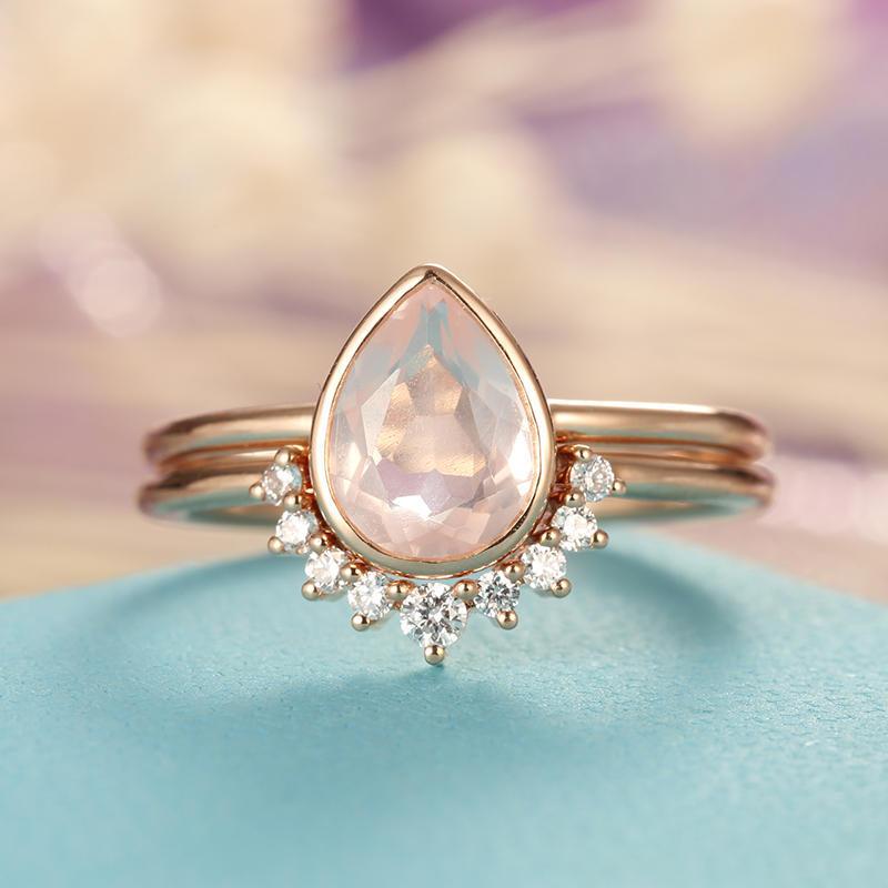 Свадьба - Rose Quartz Engagement Ring Rose Gold engagement ring Vintage Diamond Wedding ring set Women Bridal jewelry Pear Shaped Cut Stacking Promise