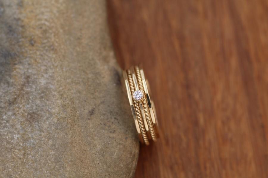 زفاف - Diamond Gold Stacking Ring Set Glossy Finish - Diamond Stacking Ring Set - VS Diamond Ring - Diamond Ring
