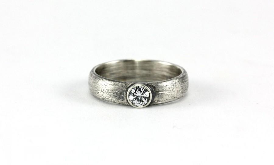 زفاف - White Sapphire Brush Texture Ring Band - Anniversary Engagement Promise Ring - Sterling Silver, 14k Palladium White Gold, Yellow, Rose Gold