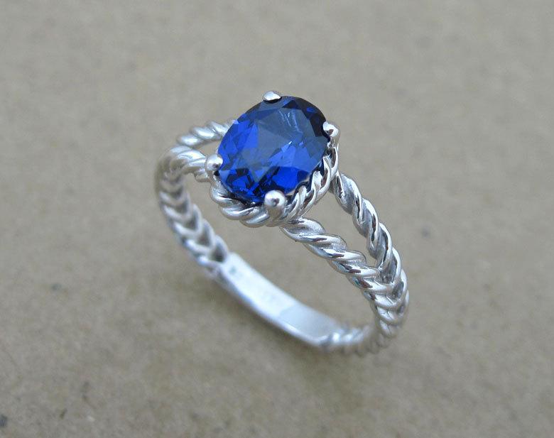 Wedding - Sapphire Engagement Ring, Oval Sapphire Rope Engagement Ring, Oval Lab Sapphire Ring, White Gold Twisted Rope Engagement Ring With Sapphire
