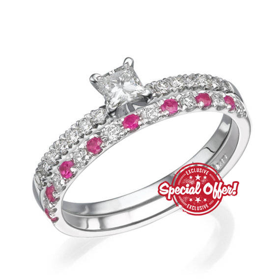 Свадьба - Stacking Ring Diamond, Wedding Band, Bridal Set Ring, Engagement Ring Set, Anniversary Ring ,14K Stacking, Red Ruby Ring, Round Diamond